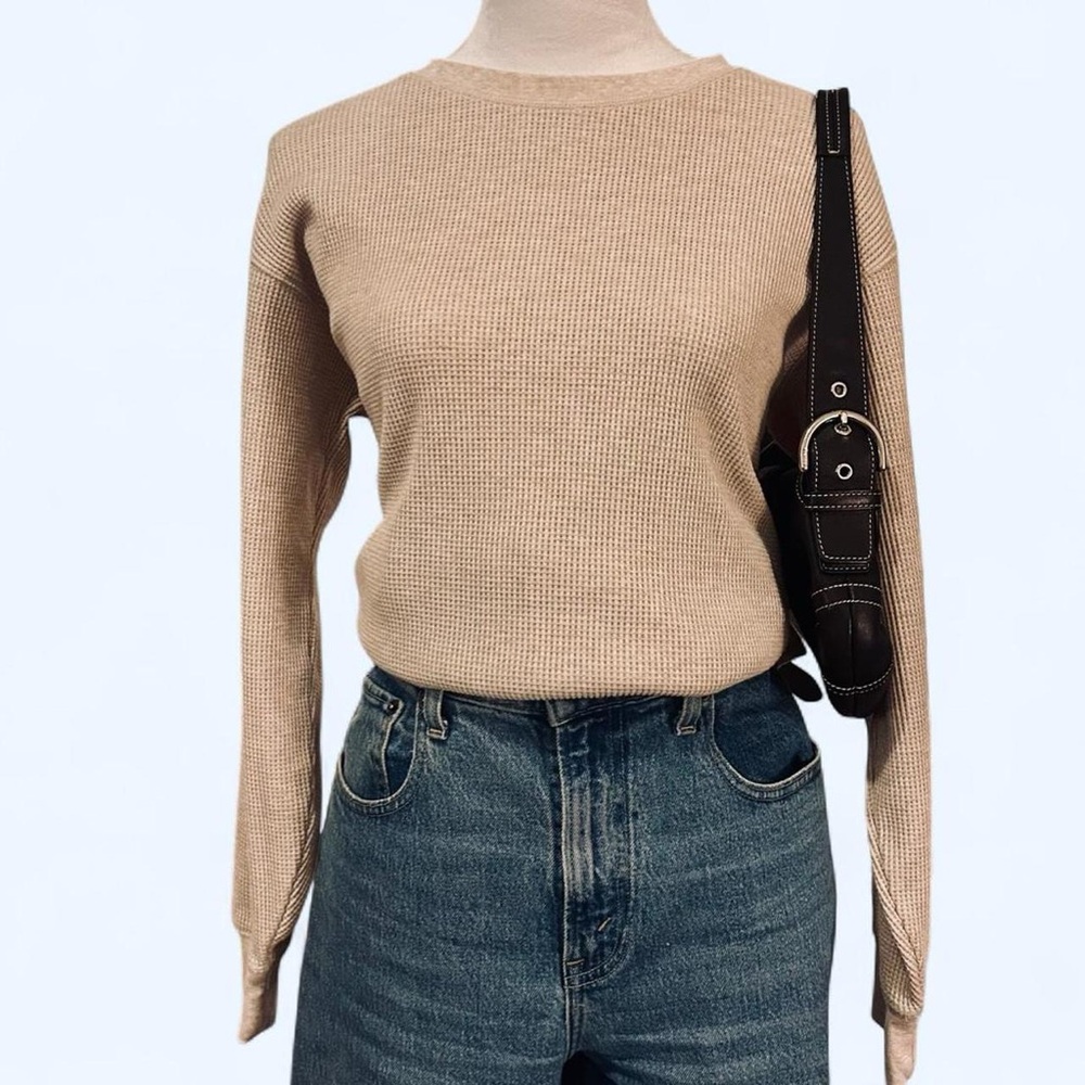 Uniqlo Beige Waffle Crew Neck Long Sleeve T-Shirt
